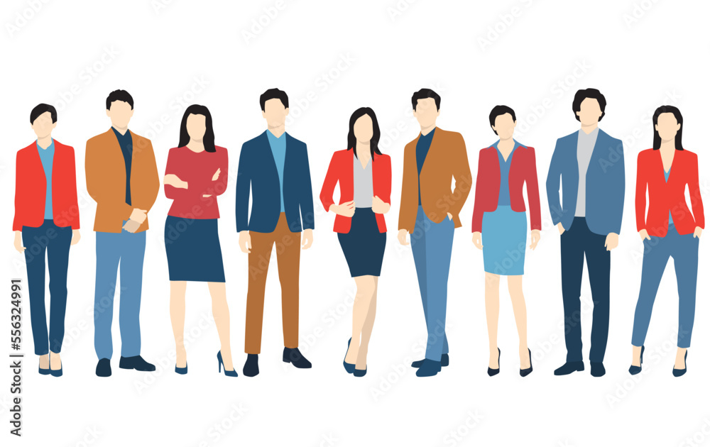 Obraz premium Set of young men and women, different colors, cartoon character, group of silhouettes of standing business people, students, the design concept of flat icon, isolated on white background