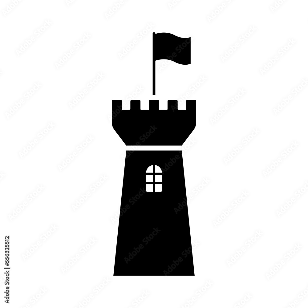 Castle tower icon. Black silhouette. Front side view. Vector simple flat graphic illustration. Isolated object on a white background. Isolate. Castle tower icon. Black silhouette. Front side view. Vector simple flat graphic illustration. Isolated object on a white background. Isolate.