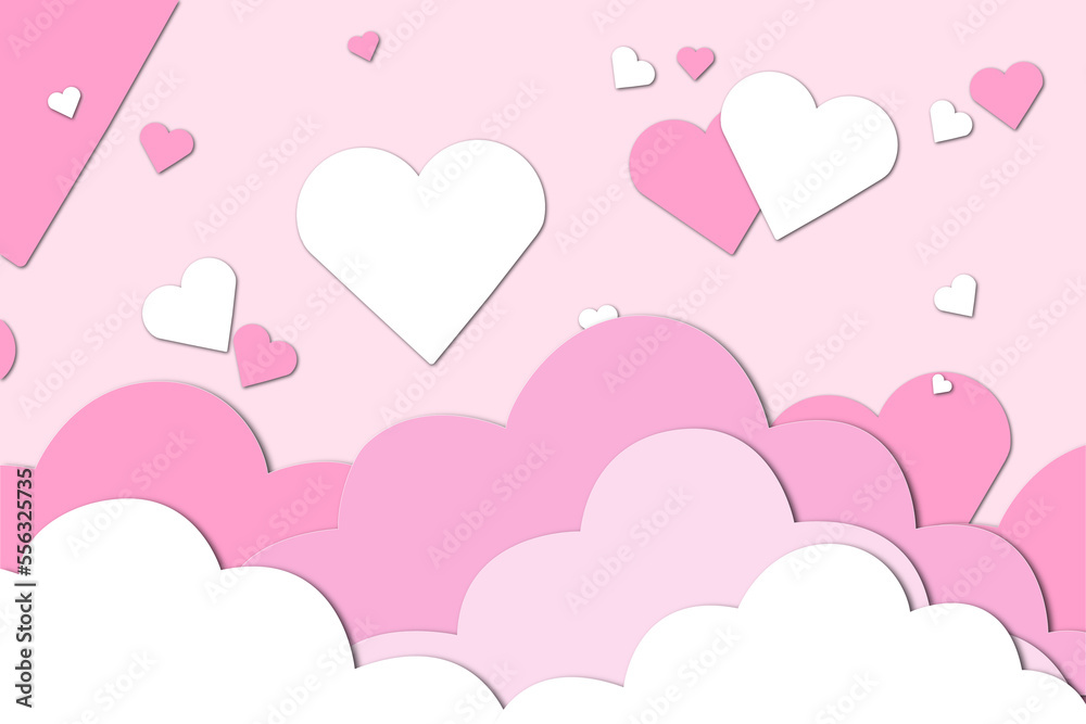 Pink background with hearts and clouds. Illustration.