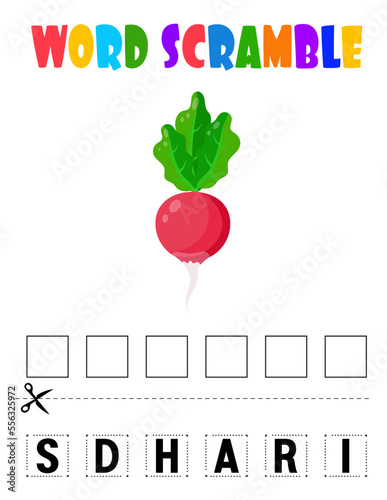 Radish Word scramble . Educational game for kids. English language spelling worksheet for preschool children.