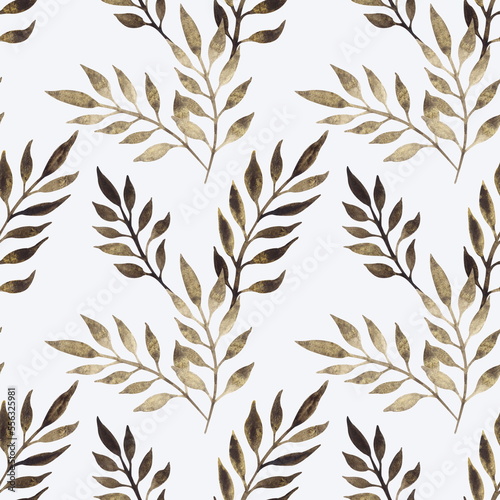 Seamless pattern of hand drawn watercolor exotic leaves. Brown tropical plants on a white background.