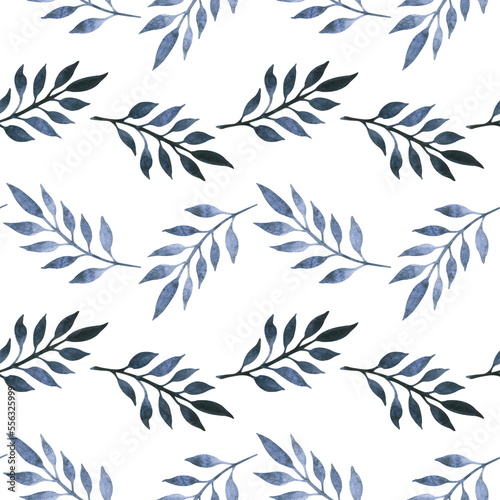 Horizontal seamless pattern of hand drawn watercolor exotic leaves. Border of blue tropical plants on a white background. For textile and wallpaper design.
