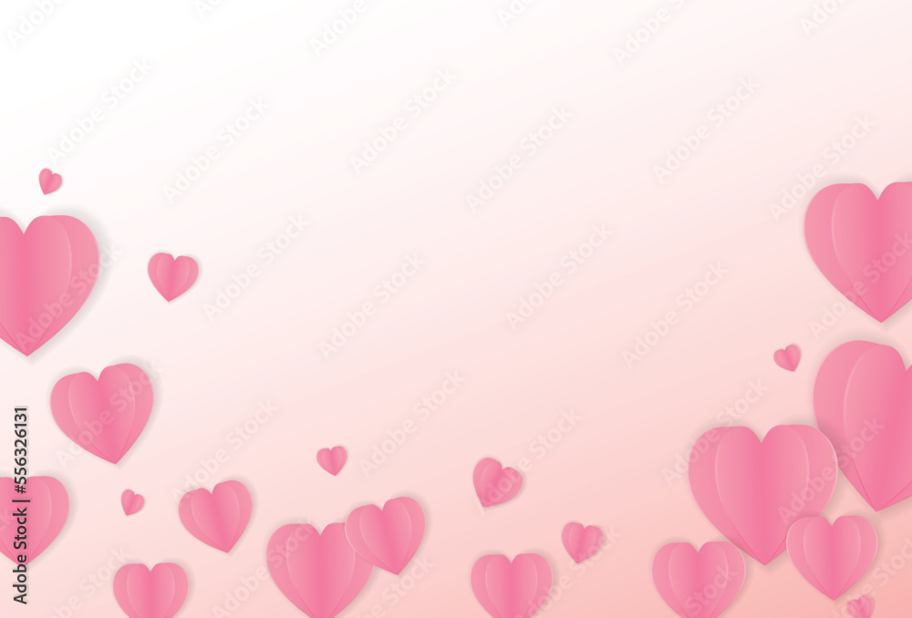 Paper composition in the shape of flying hearts on pink background, vector symbol of love for Happy Women's Day, Mother's Day, Valentine's Day, Birthday greeting card design.