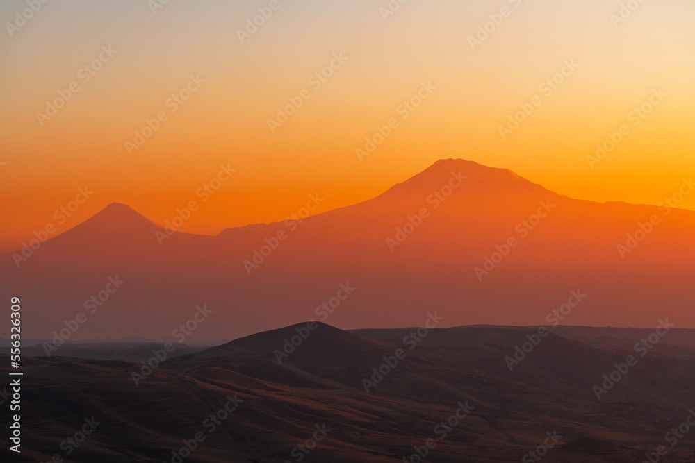 Beautiful sunrise over the Ararat mountain.  Armenia