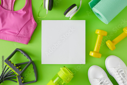 Sports equipment concept. Creative layout made of sport accessories on green background with card note in the middle. Flat lay. Minimal fitness idea.