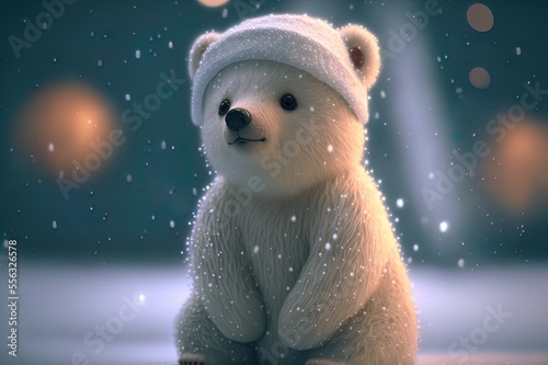 A super cute white baby bear, wearing a hat, snowing background. Generative AI.