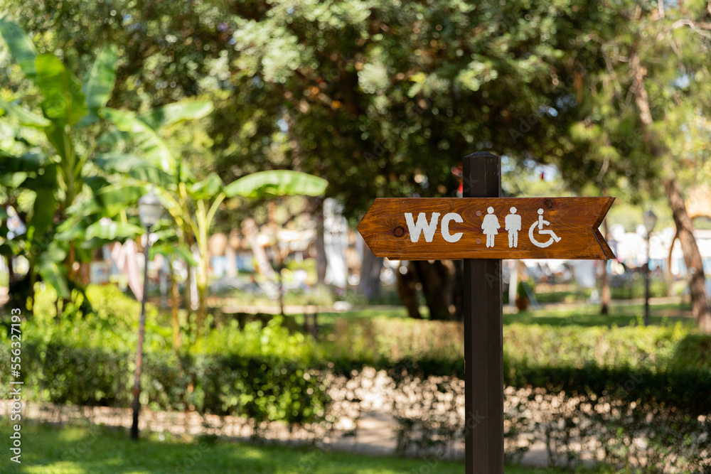 sign toilet in the park, sign to the WC and for the disabled toilet among the trees