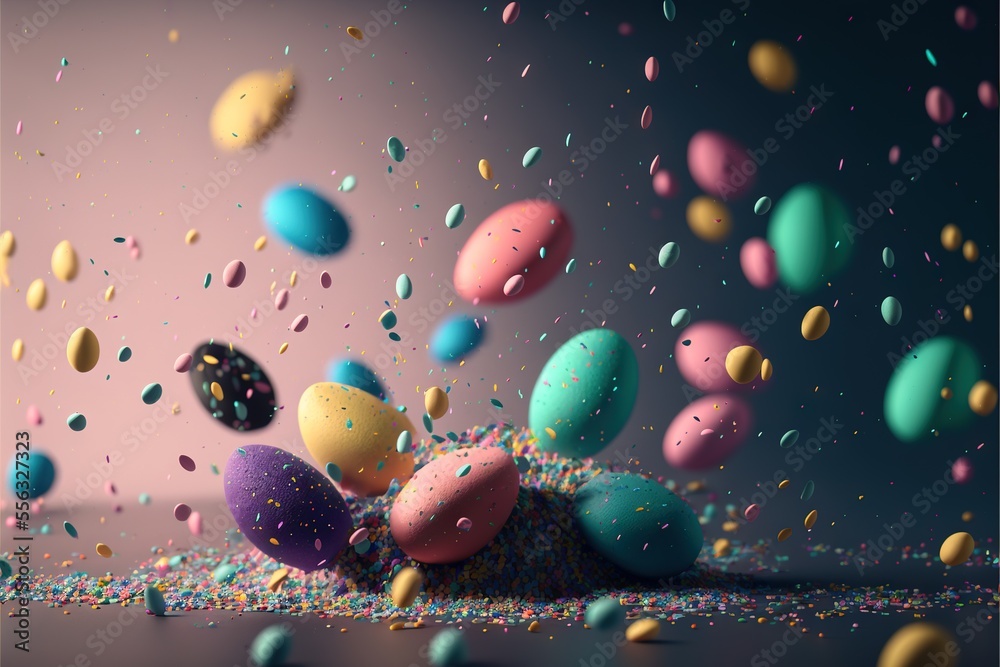 a bunch of colorful eggs are flying in the air with confetti on the ground and sprinkles on the ground. a bunch of colorful eggs are flying in the air with confetti on the ground and sprinkles on the ground.