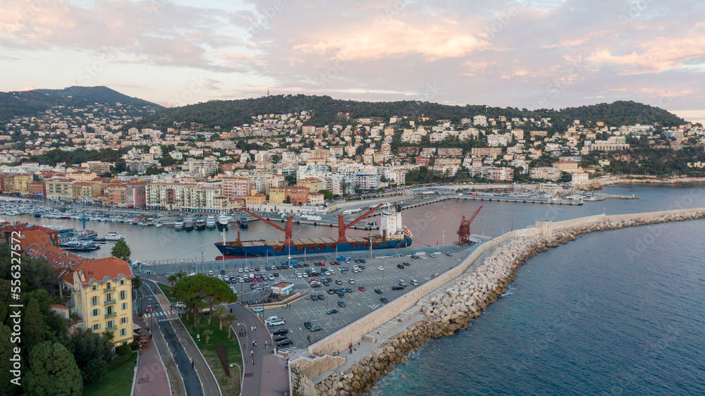Nice, France Aerial view on old town , beach and promenade des anglais. Drone view on city 