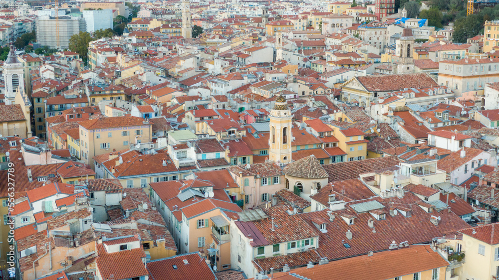 Nice, France Aerial view on old town , beach and promenade des anglais. Drone view on city 