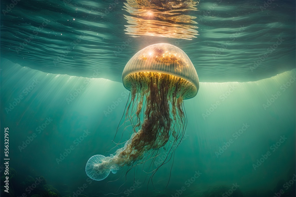 Fototapeta premium a jellyfish swimming in the ocean with its head above the water's surface and its long tentacles hanging from the water's edge.