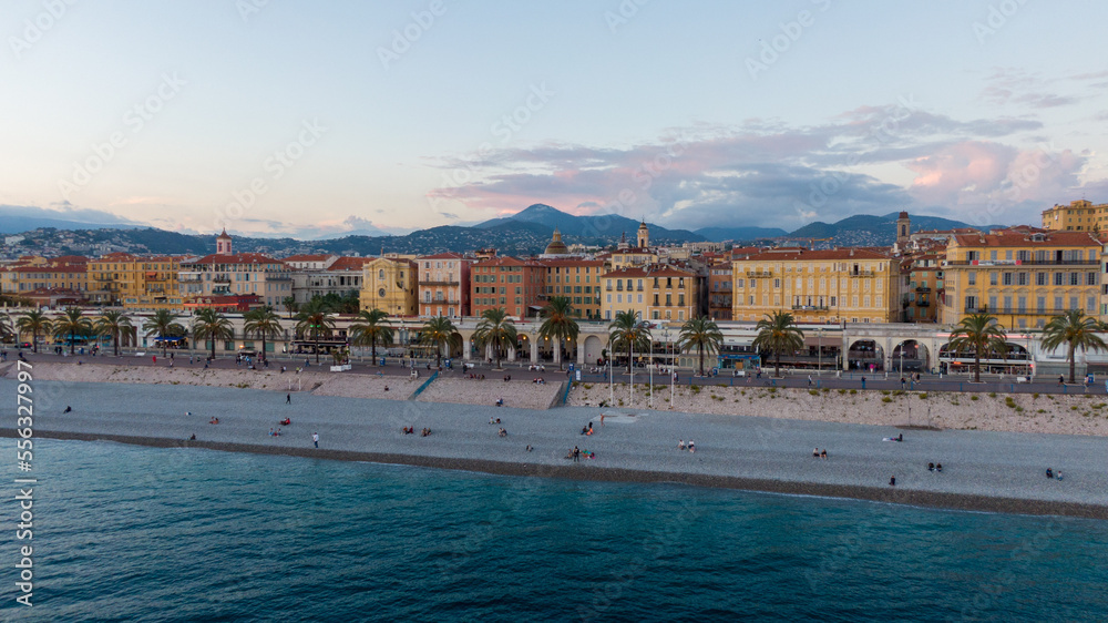 Nice, France Aerial view on old town , beach and promenade des anglais. Drone view on city 
