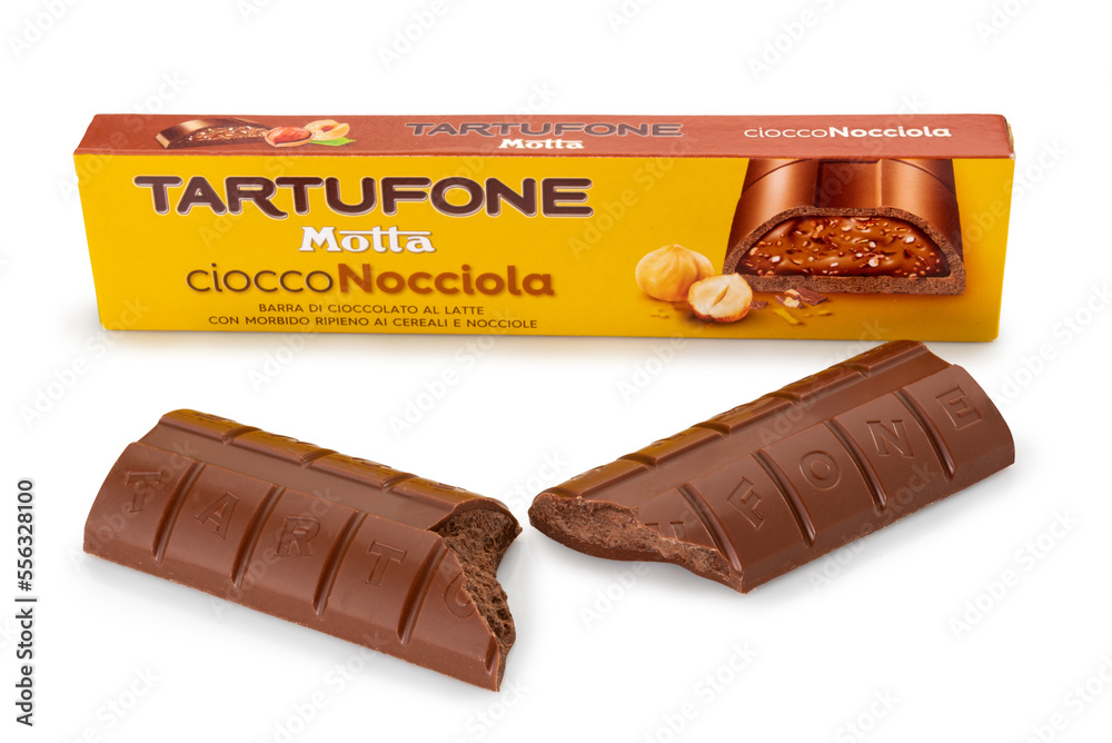 Turin, Italy december 25, 2022 Tartufone Motta package and chocolate