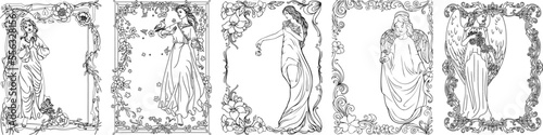 Frame with angels. Retro ornamental frame, vintage rectangle ornaments and ornate border. Decorative wedding frames, antique museum picture borders or deco devider. Isolated icons vector set. 