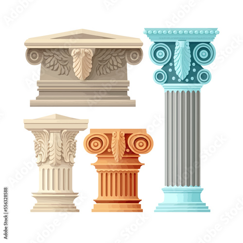 Doric, Ionic and Corinthian types of column capitals. Isolated on background. Cartoon flat vector illustration