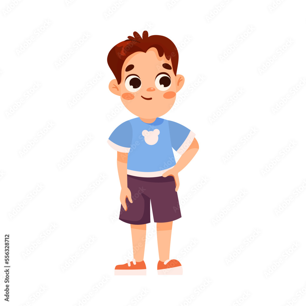 Funny Little Boy in Blue Sweatshirt Expressing Emotion Standing and Smiling Vector Illustration