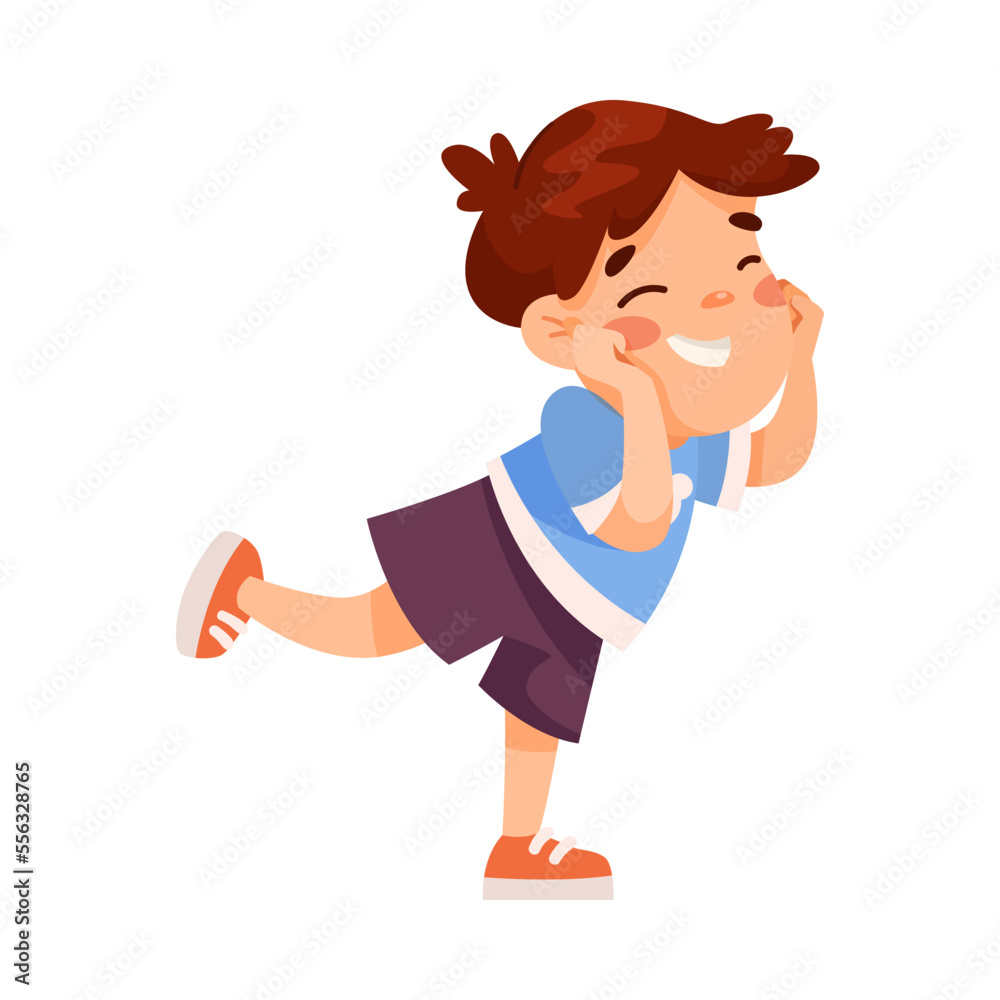 Funny Little Boy in Blue Sweatshirt Expressing Emotion of Happiness Vector Illustration Funny Little Boy in Blue Sweatshirt Expressing Emotion of Happiness Vector Illustration