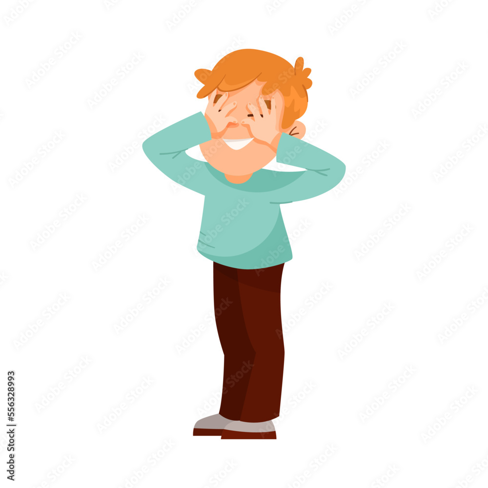 Little Boy Counting Closing His Eyes Playing Hide and Seek Game and Having Fun Vector Illustration