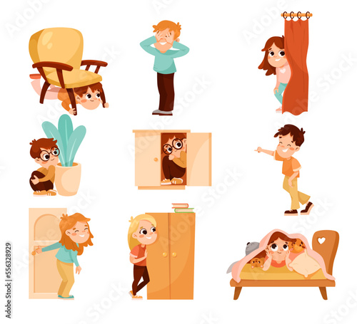 Little Boy and Girl Playing Hide and Seek Game and Having Fun Vector Set