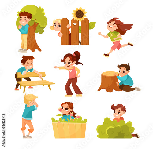 Little Boy and Girl Playing Hide and Seek Game and Having Fun Vector Set