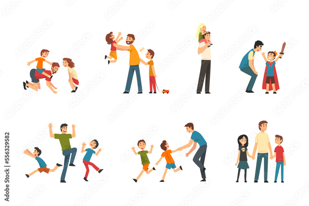 Happy Father Playing and Having Fun with His Kids Vector Set