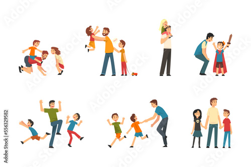 Happy Father Playing and Having Fun with His Kids Vector Set