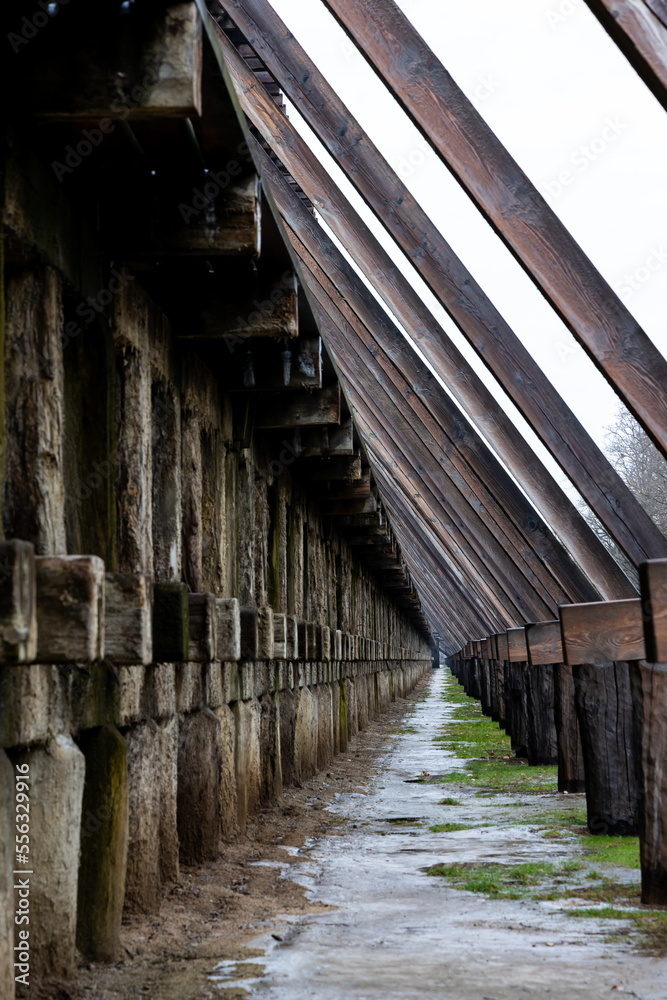 Construction of a wooden graduation tower. Close-up of the supporting structure pillars. Health properties of brine.Ciechocinek Construction of a wooden graduation tower. Close-up of the supporting structure pillars. Health properties of brine.Ciechocinek