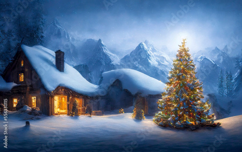 Winter Village Landscape. Christmas Card. Digital art