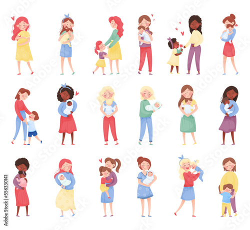 Mother Cuddling and Embracing Her Baby Nursing It Big Vector Set