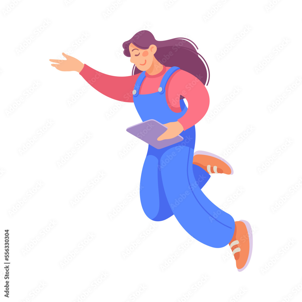 Happy Woman with Tablet Engaged in Active Motion Vector Illustration Happy Woman with Tablet Engaged in Active Motion Vector Illustration