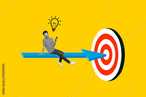 Foto Creative artwork photo collage of young funky excited guy hold smartphone genius