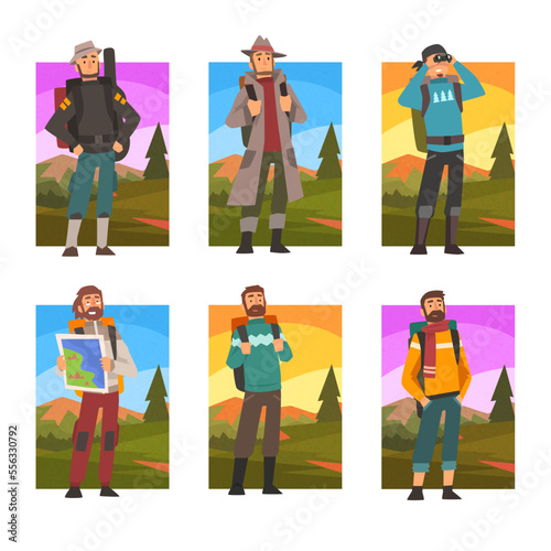 Man Traveller or Explorer with Backpack Engaged in Mountaineering and Expedition Vector Set