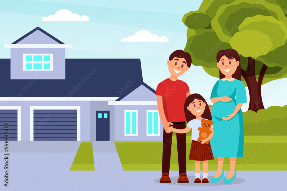Happy family couple with daughter standing together in front of their house outside. Young family bought new house cartoon