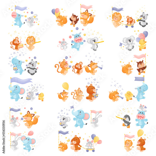 Cute animals marching and playing musical instruments set. Funny baby animals playing drum, trumpet and carrying flags cartoon