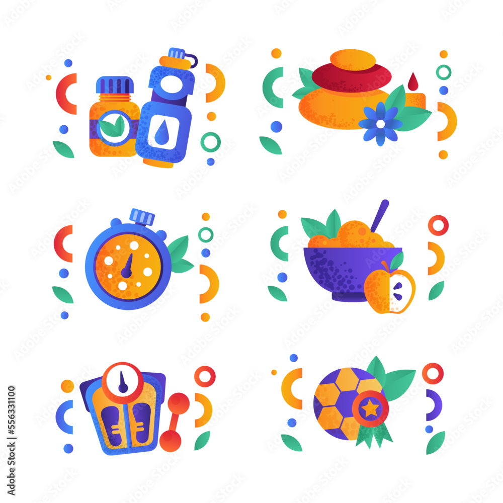 Healthy Fitness Lifestyle with Diet and Active Workout Icons Vector Set