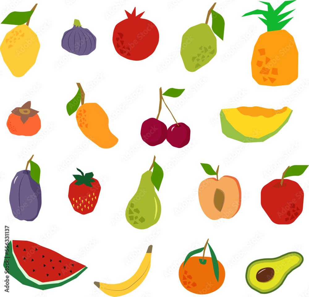 Collection of stylized fruits - apple, pear and watermelon, cherry and strawberry, melon and peach and others. Vector illustration. For use in brochures, grocery stores, markets, labels, packaging Collection of stylized fruits - apple, pear and watermelon, cherry and strawberry, melon and peach and others. Vector illustration. For use in brochures, grocery stores, markets, labels, packaging