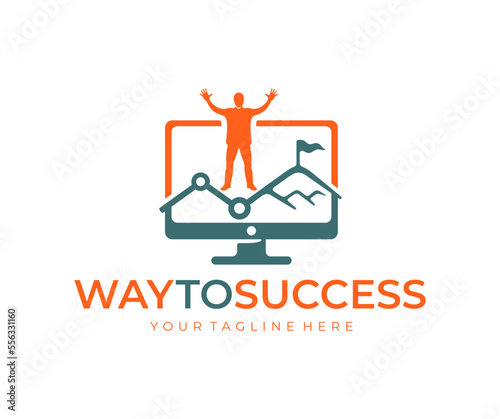 Businessman with joyful raised hands up, monitor, chart and mountain with flag, logo design. Business and finance, way to success, trade and management, vector design and illustration
