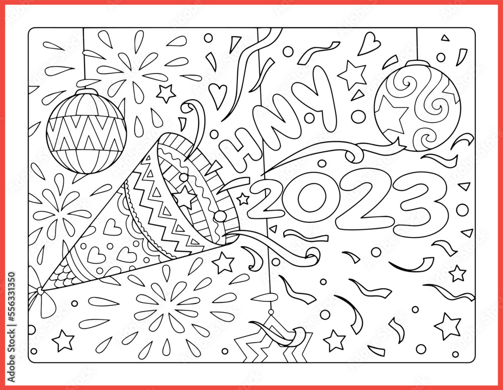 Christmas celebration, happy new year coloring page. Coloring Page for the Year 2023: Capture the Unique Moments of the Next Year with Color!