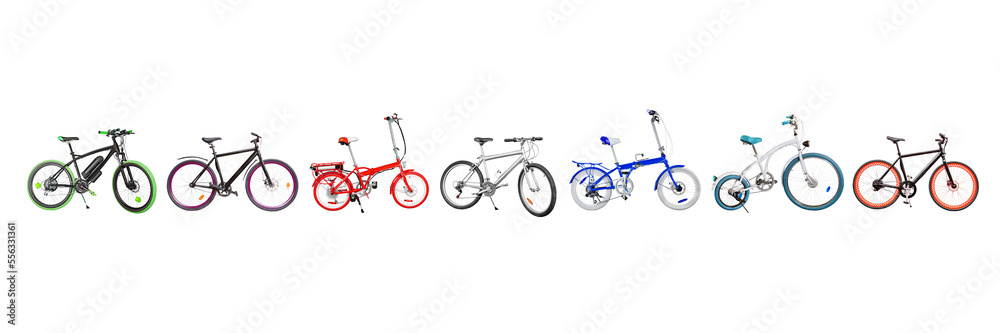 Different bikes collection. Set of electric, urban, cruiser, MTB and folding bikes placed in single line. isolated png with transparency