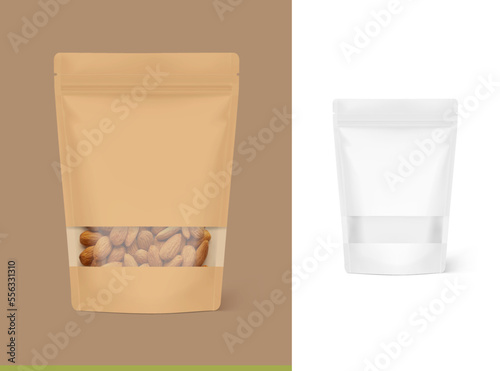 Stand up pouch bag with transparent window mockup. Vector illustration. Your product is visible through the window. Perfect for the presentation of your product. EPS10.	