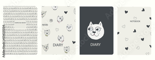 Set of cover page vector templates based on seamless patterns with cats. Perfect for school exercise books, notebooks, kids diaries