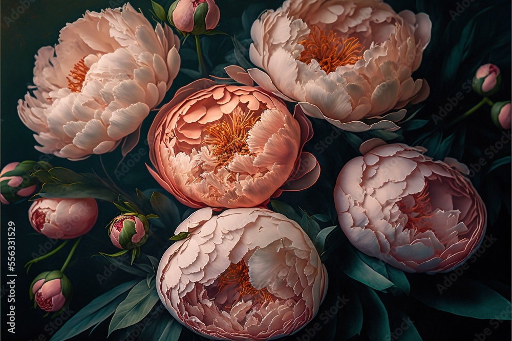 a painting of pink flowers with green leaves on a black background with ...