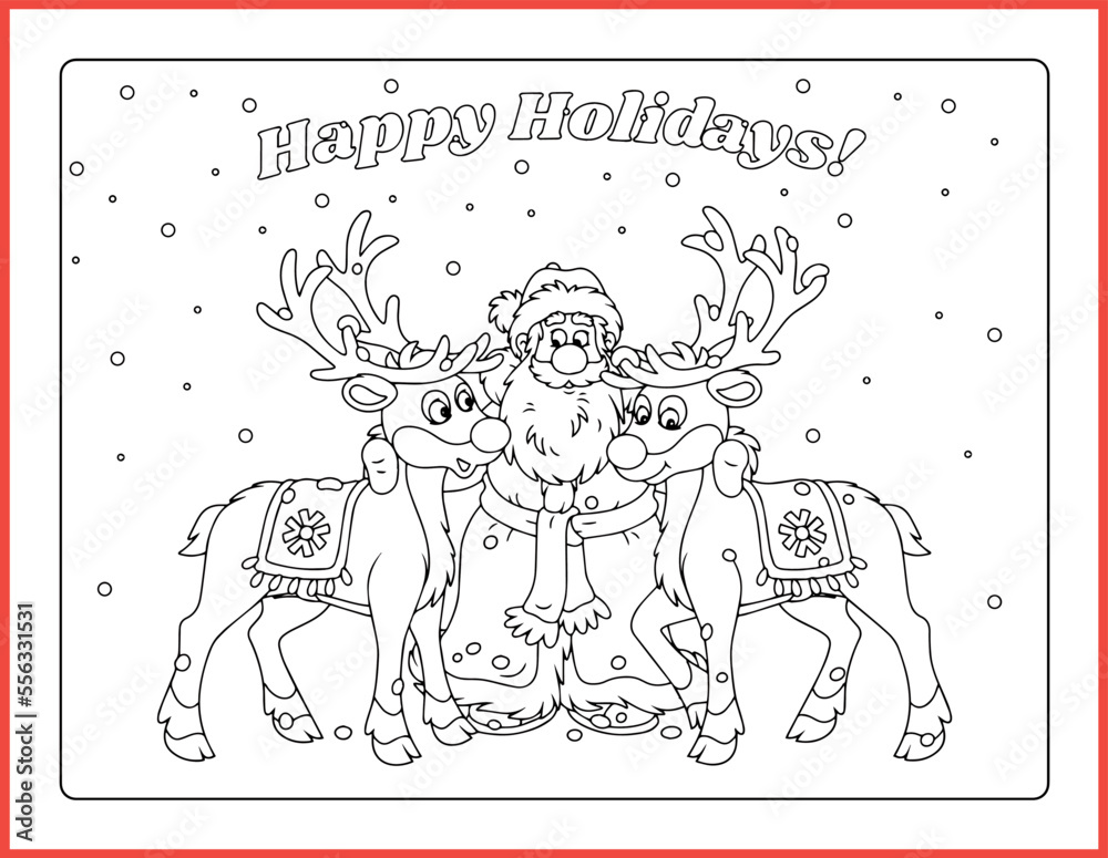 Coloring Page, Happy Holidays Santa and the Deers coloring page