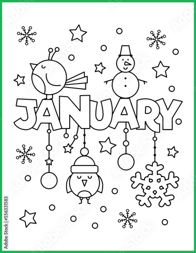 January Coloring Page Filled with Cute Birds, Snowmen, and Christmas Decorations for Warm Winter Activities.