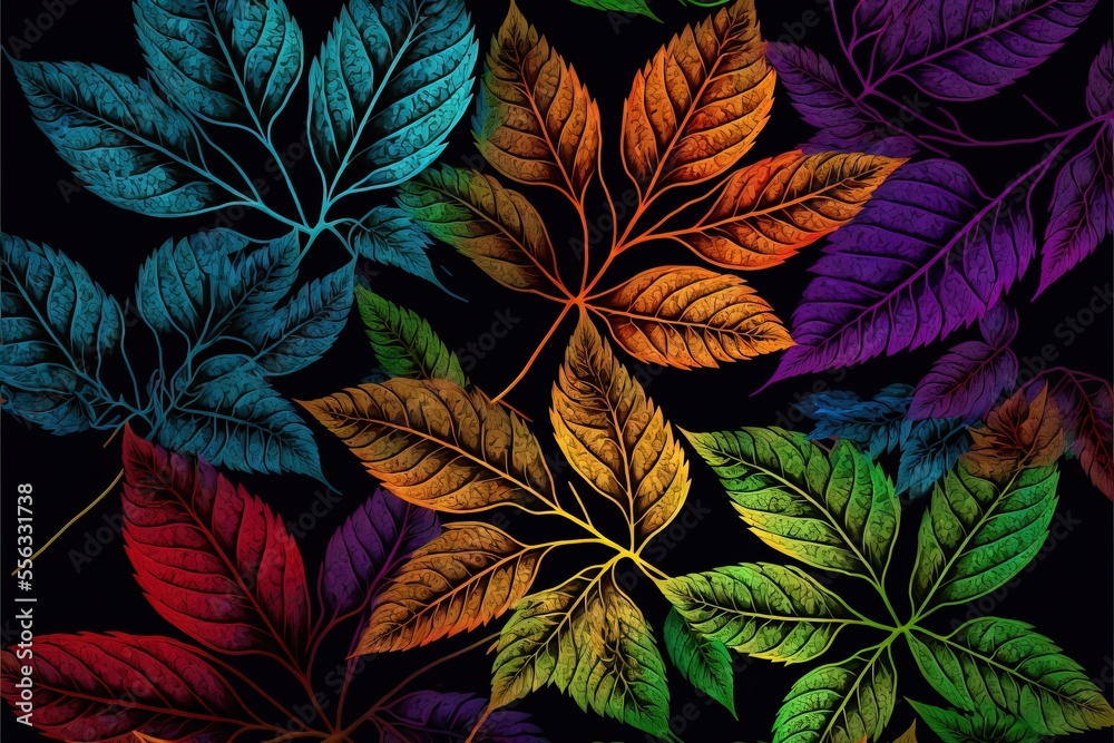 Fototapeta premium a colorful leaf pattern on a black background with a rainbow hued background and a black background with a black border.