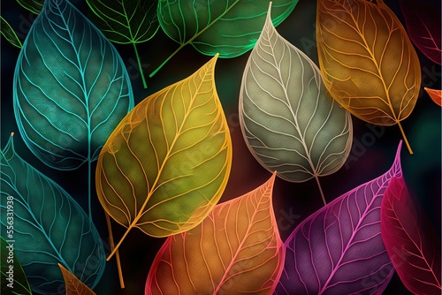 a group of colorful leaves on a black background with a green center and a red center and a green center.