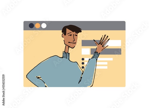 Young man in front of a computer screen. line illustrations, Flat style, isolated vector element, hand lettering