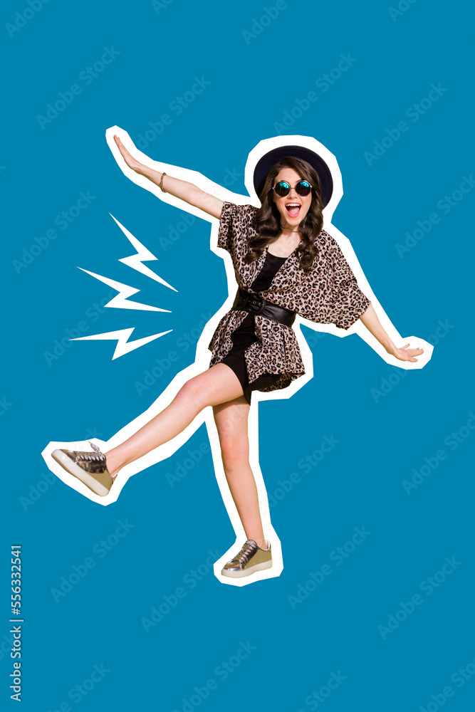 Artwork designed collage photo of young dancing overjoyed positive woman wear cool sunglasses menstruation isolated on blue color background