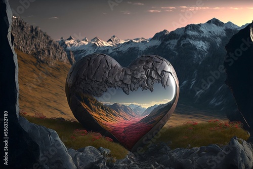 epicc mountain landscape scene with a surreal heart shaped sculpture for valentines card, generative ai photo