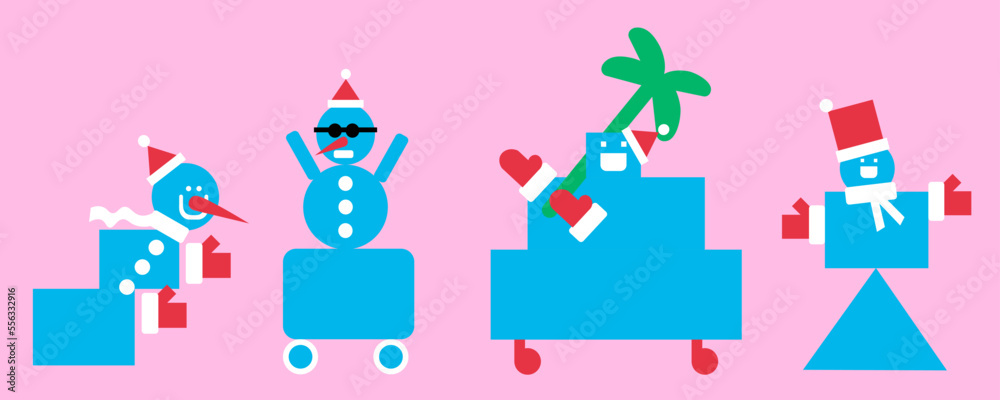 New Year's Suprematist snowmen from simple shapes in vector